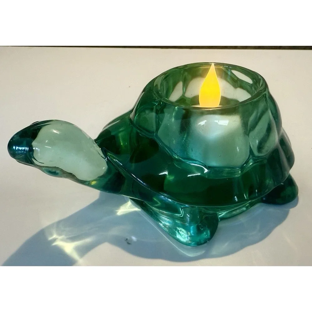 Vintage Turtle Votive Candle Holder, Indiana Glass Heavy Spanish Green Glass USA